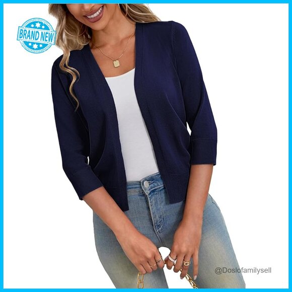 Sweaters - Lightweight 3/4 Sleeve Cropped Cardigan Shrug Soft Knit Chic Open Front